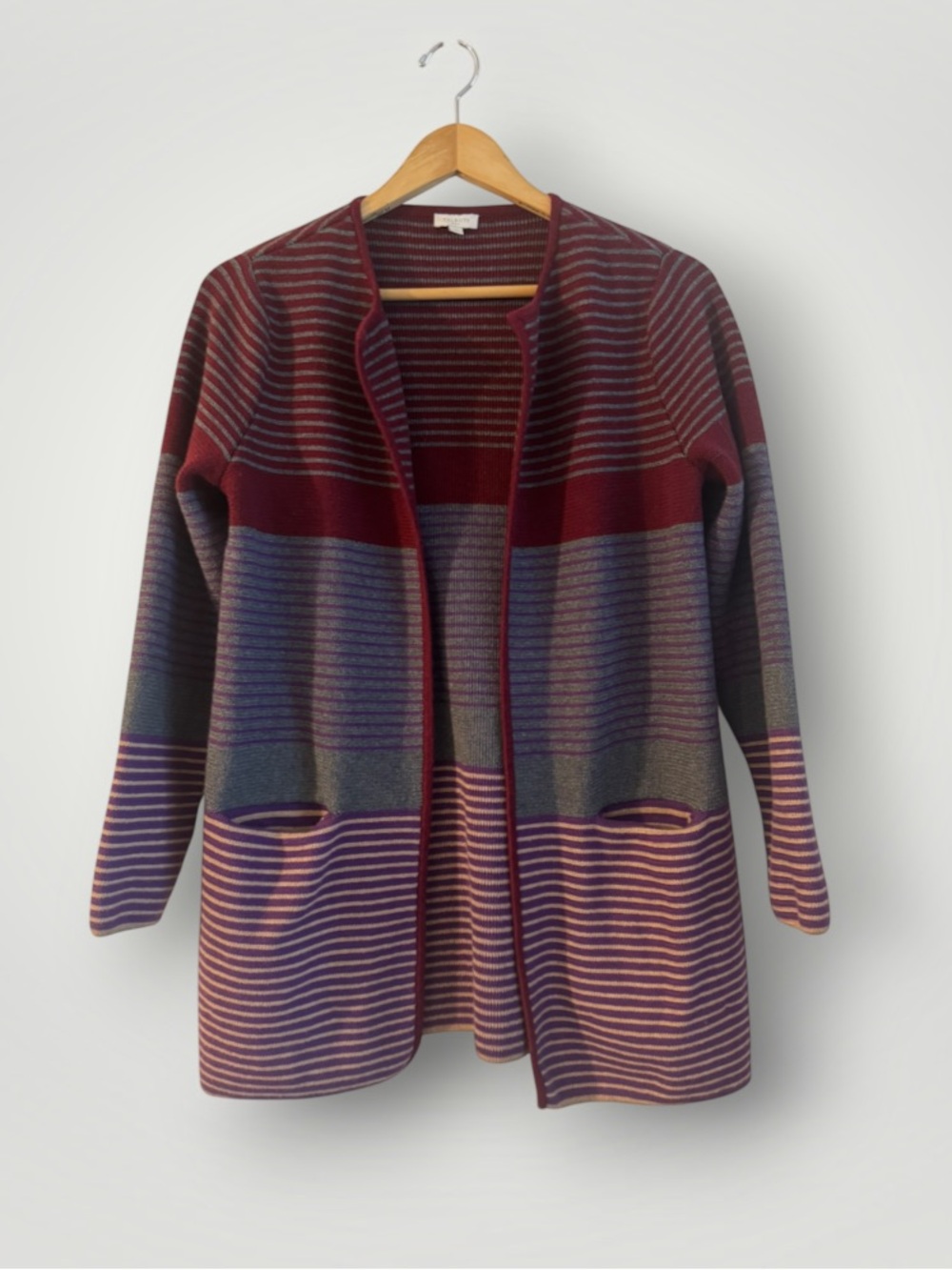 Talbots Longline Striped Open Front Cardigan Sweater Burgundy Multi M